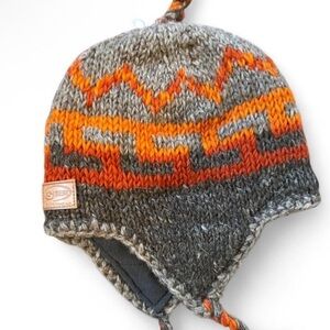 Gray and Orange Knit Hat with Ear Flaps From Nepal